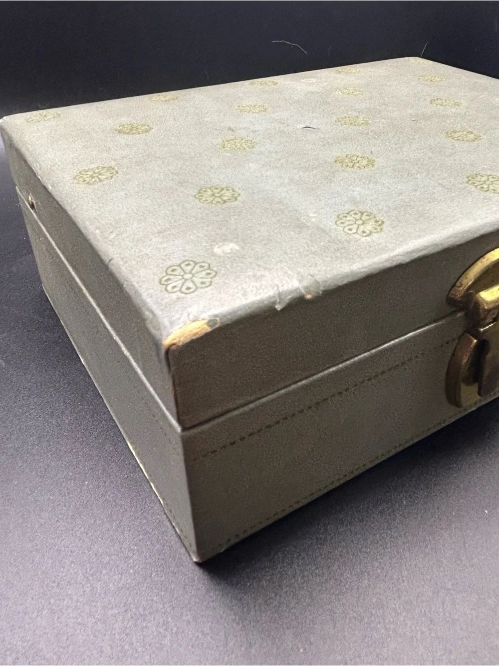 Vintage 1950s MCM MELE Small Jewelry Box Two Tier Gray/Blue 8x6x3” No Key.